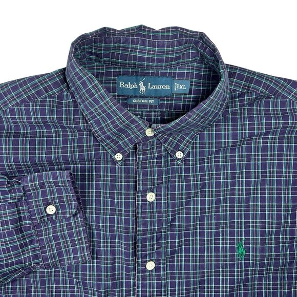 Vtg Ralph Lauren Blue Plaid Oxford Shirt Men’s XL Custom Fit Tartan Button Up - Picture 1 of 11